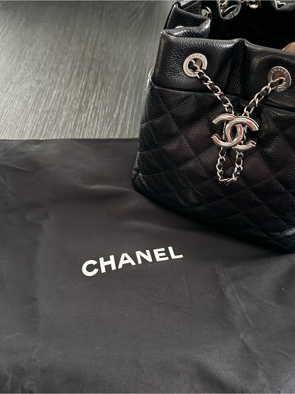 CHANEL Black Quilted Leather Drawstring Shoulder Bag with Silver CC